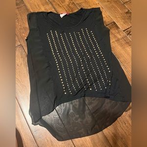 Body Central black bedazzled short sleeve shirt, half sheer back.